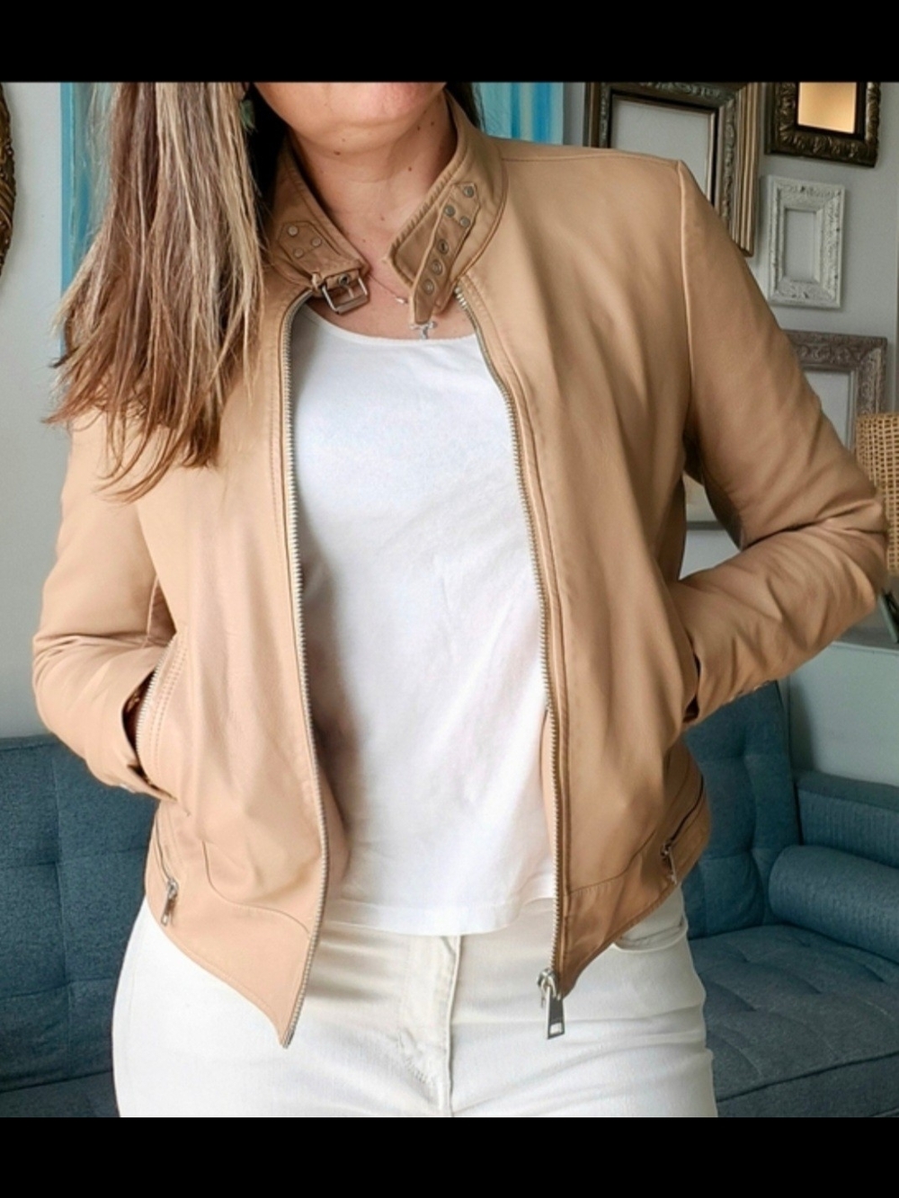 Levi's Beige Leather Moto Jacket with Buckle Collar